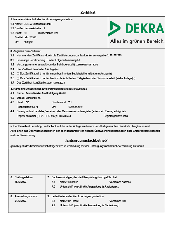 Entsorgungsfachbetrieb Zertifikat 2023/24