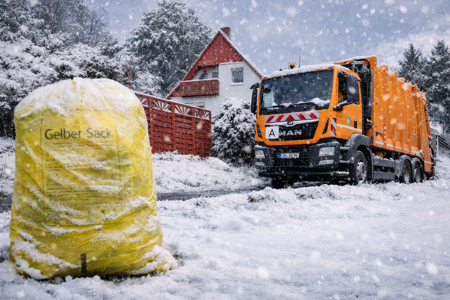 Abholung Gelbe Säcke in Schneetreiben