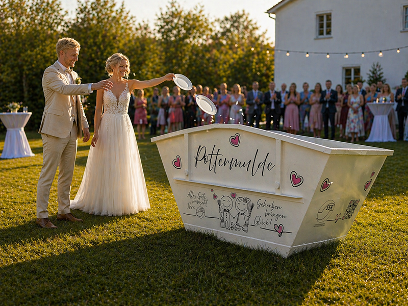 Weißer Container mit dem Aufdruck "Poltermulde" und rosa Herzen